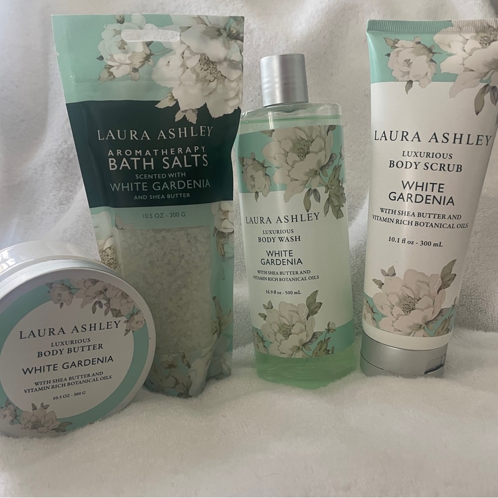 Laura Ashley White Gardenia Bath Wash, Bath Salts, Body Scrub, Body Butter -NEW